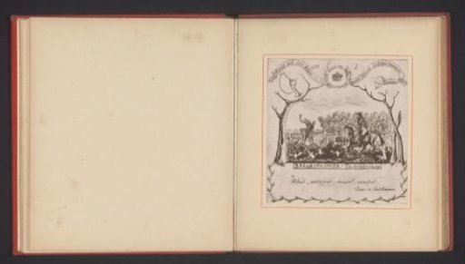 Photographic reproduction of a drawing by Thomas Mervyn Bouchier Marshall, depicting horsemen with dogs surrounded by hunting attributes