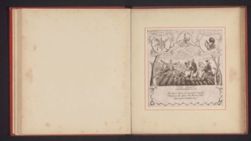 Photographic reproduction of a drawing by Thomas Mervyn Bouchier Marshall, depicting three people on horseback surrounded by coats of arms and equestrian attributes