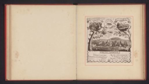 Photographic reproduction of a drawing by Thomas Mervyn Bouchier Marshall, depicting people on horseback surrounded by a drawing of a battlefield and a bird