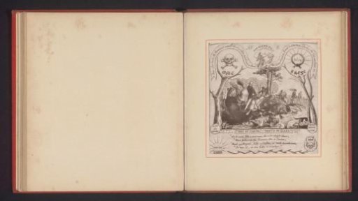 Photographic reproduction of a drawing by Thomas Mervyn Bouchier Marshall, depicting people on horseback surrounded by vanitas symbols