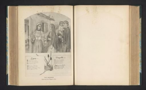 Photographic reproduction of a print depicting a Roman woman leading Mary, Joseph, and Christ into a dwelling