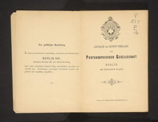 Catalogue of the Art Publishing House of the Photographic Society Berlin, 1 October 1883