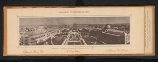 View of the Champ-de-Mars in Paris with the Palais des Beaux-Arts, the Palais des Arts Libéraux, and the central hall for the World Exhibition of 1889