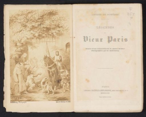 Photographic reproduction of a drawing of a knight on horseback before a gate with people around him