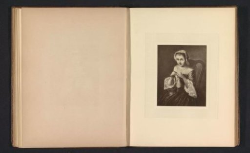 Photographic reproduction of an engraving after a painting of a knitting woman by Philippe Mercier