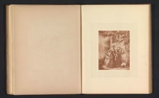 Photographic reproduction of a print after a painting by Wilhelm Camphausen, depicting two women receiving waste thrown over a wall by a man