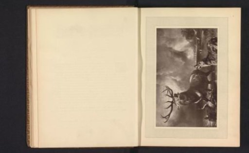 Photographic reproduction of a print after a painting of a stag and two hounds in a bay by Edwin Henry Landseer