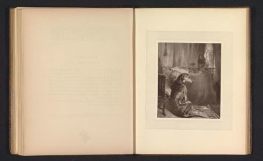 Photographic reproduction of a print after a painting of a dog before a table by Edwin Henry Landseer