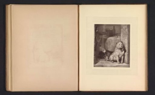 Photographic reproduction of a print after a painting with a dog before a table by Edwin Henry Landseer