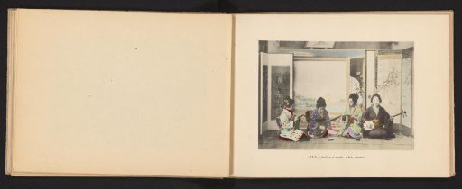 Four Japanese women in traditional clothing making music and playing a game