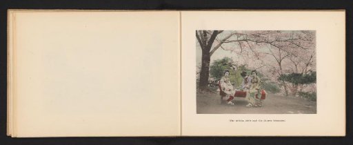 Three women in traditional Japanese clothing on a bench under cherry blossoms