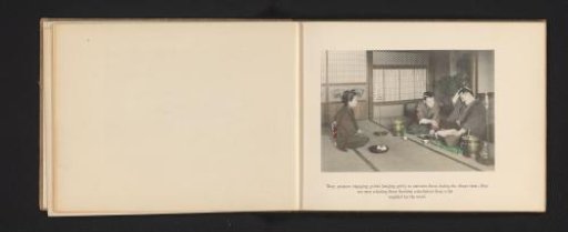 Two men selecting geisha for a performance in a tea house in Japan
