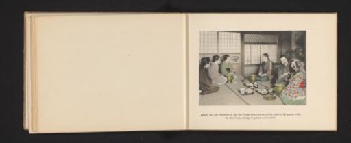 Four geisha accompanying two men while dining in a tea house in Japan