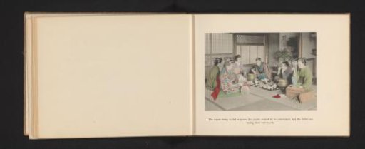 Four geisha tuning their instruments for a performance for two men in a tea house in Japan