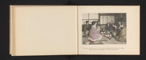Four geisha accompanying two men in a tea house in Japan