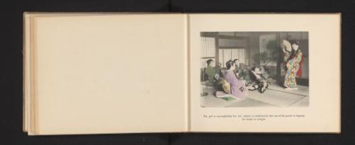 Three geisha performing for two men in a tea house in Japan