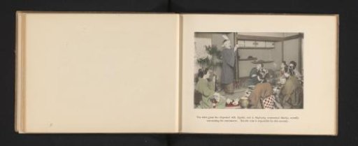 Man performing drunk for four geisha and another man in a tea house in Japan