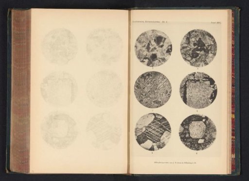 Six microscopic enlargements of minerals