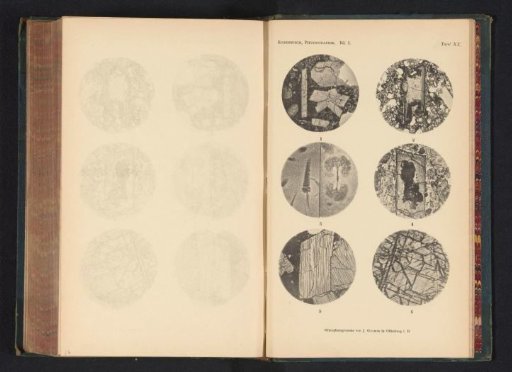 Six microscopic enlargements of minerals