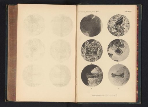Six microscopic enlargements of minerals