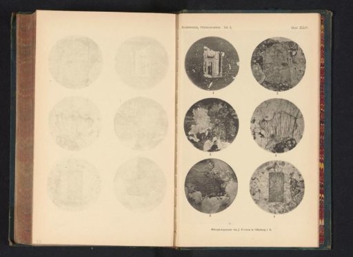 Six microscopic enlargements of minerals