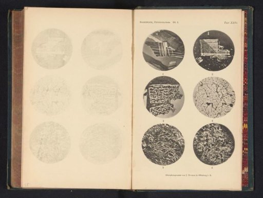 Six microscopic enlargements of minerals