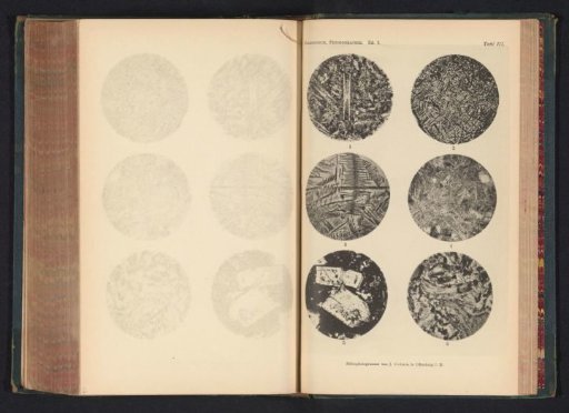 Six microscopic enlargements of minerals