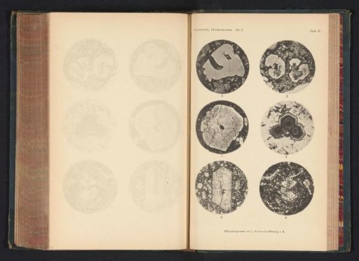 Six microscopic enlargements of minerals