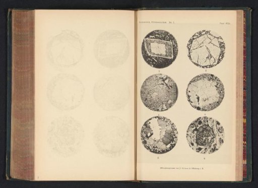 Six microscopic enlargements of minerals