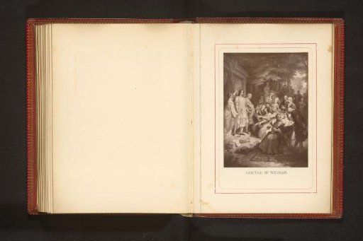 Photographic reproduction of a drawing depicting Johann Wolfgang von Goethe being crowned with laurels by a group in Weimar