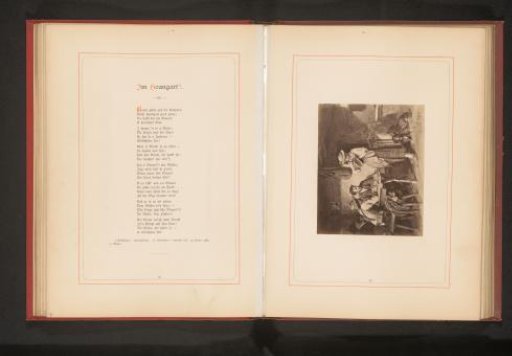 Photographic reproduction of a painting depicting three men at a table and a woman in an interior