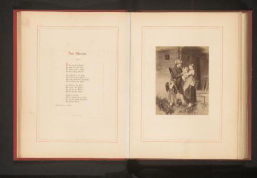 Photographic reproduction of a painting depicting a hunter greeting his family
