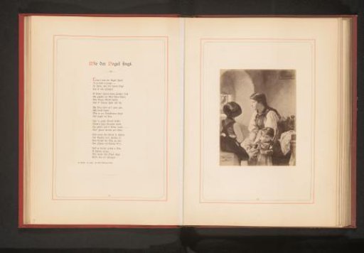 Photographic reproduction of a painting depicting a woman and two children listening to a caged bird