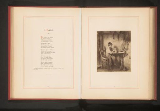 Photographic reproduction of a painting depicting a boy with a puppy at a table