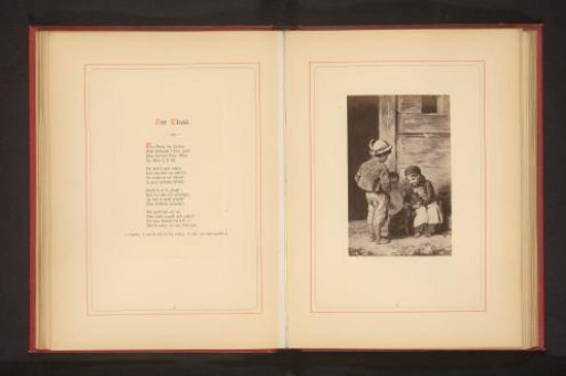 Photographic reproduction of a painting depicting three children with a dog in front of a building