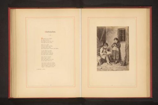 Photographic reproduction of a painting depicting two children in front of a building