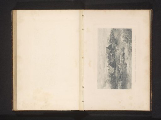Photographic reproduction of a painting by Gustav Schönleber depicting farmhouses by the water