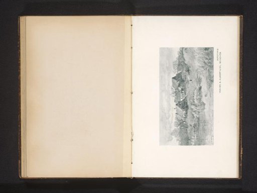 Photographic reproduction of a painting by Gustav Schönleber depicting farmhouses by the water