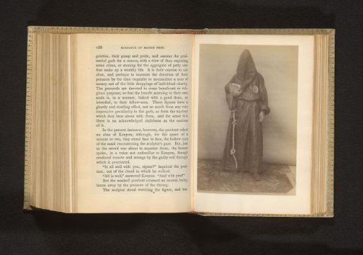 Portrait of a person in a monk's habit with a hood over the head