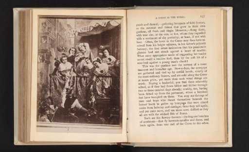 Photographic reproduction of a drawing of Carnival with women on a balcony with flowers on the Via del Corso, Rome