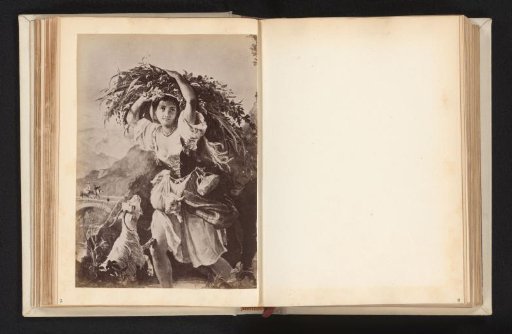 Photographic reproduction of a drawing of a peasant woman with a harvest above her head and two goats nearby