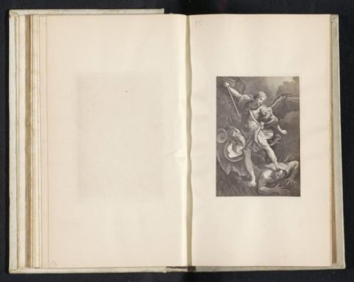 Photographic reproduction of a print after a painting, depicting the Archangel Michael defeating Satan