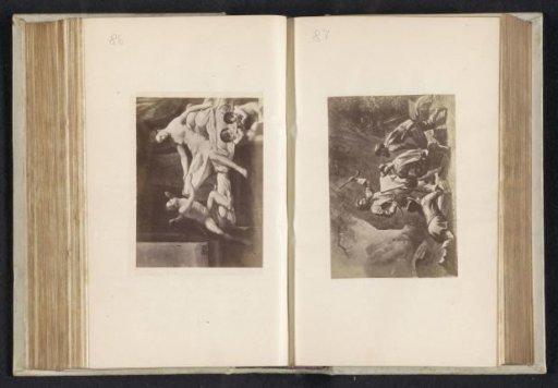 Photographic reproduction of a painting depicting three men drawing a man