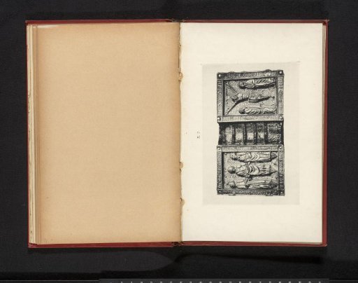 Metal book cover with reliefs depicting Christ between two saints and Christ on the cross