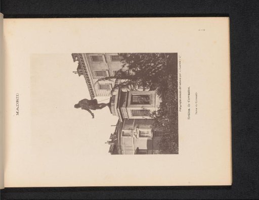 View of a statue of Miguel de Cervantes Saavedra on the Plaza de las Cortes in Madrid