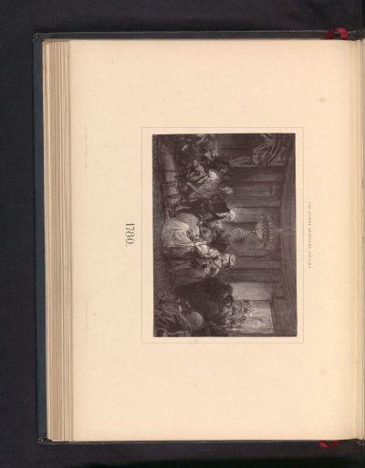 Photographic reproduction of a drawing depicting a group around a table in an interior