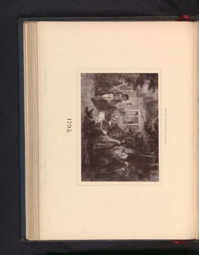 Photographic reproduction of a drawing depicting a group around a reading woman in a garden
