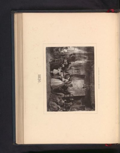 Photographic reproduction of a drawing depicting a group in an interior