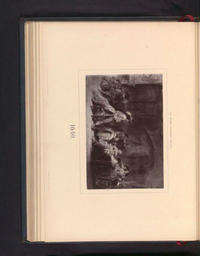 Photographic reproduction of a drawing depicting a group around a table in an interior