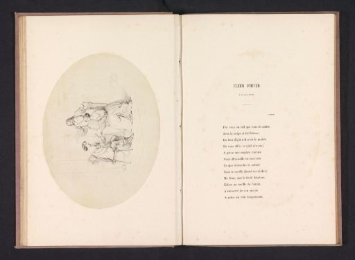 Photographic reproduction of a drawing depicting a man presenting a flower to a woman